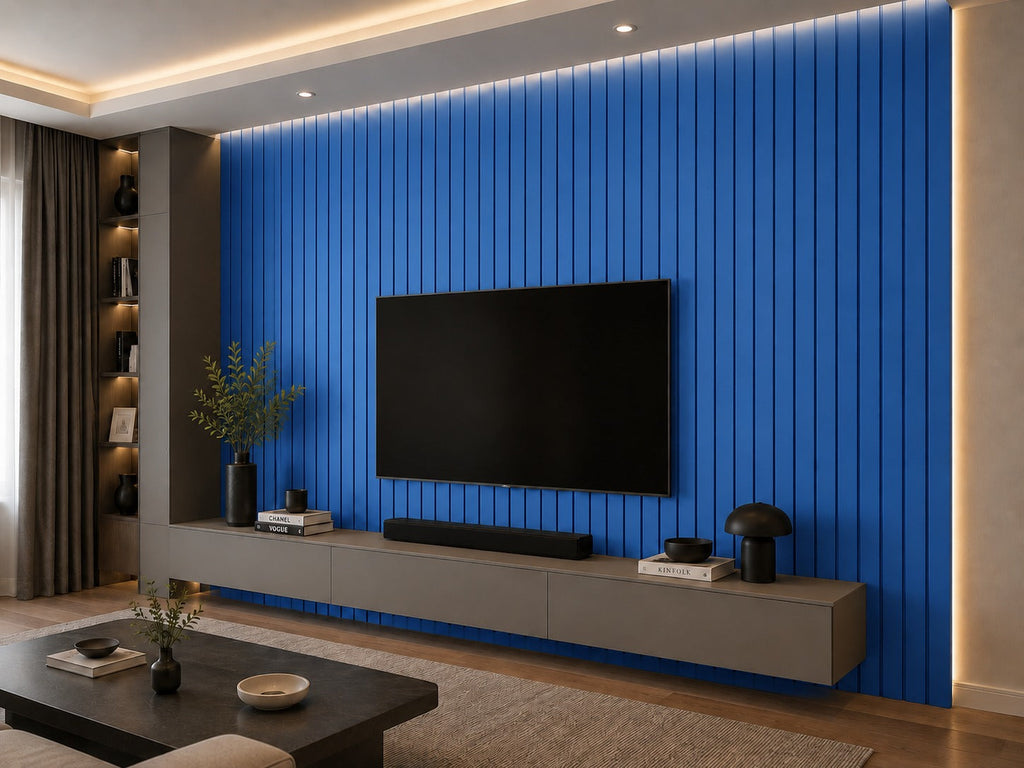 Blue PVC acoustic slat wall panel — slat texture and colour detail