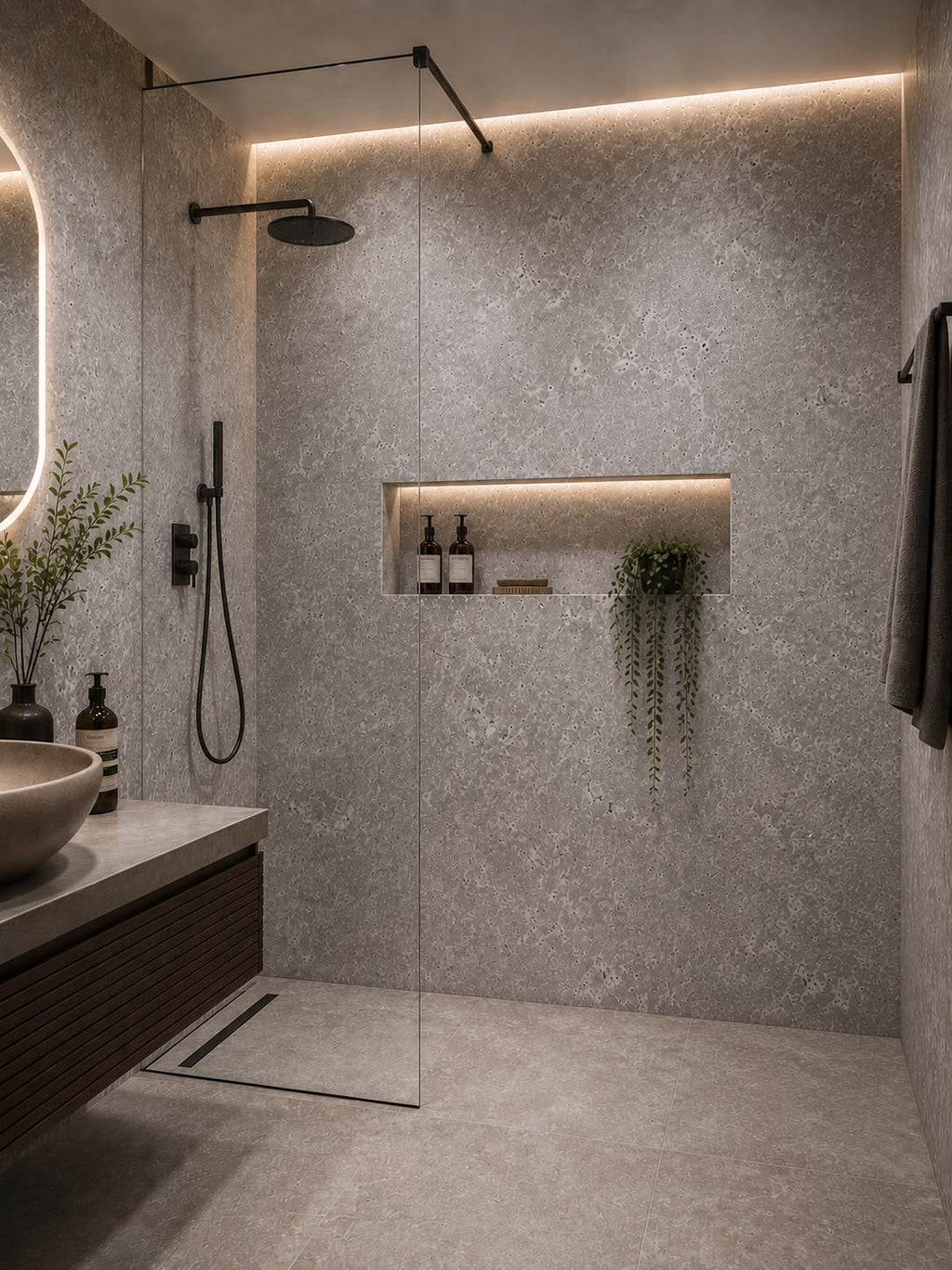 Concrete Gloss Shower Wall Panel | 2.4m x 1m | 10mm PVC Tongue & Groove