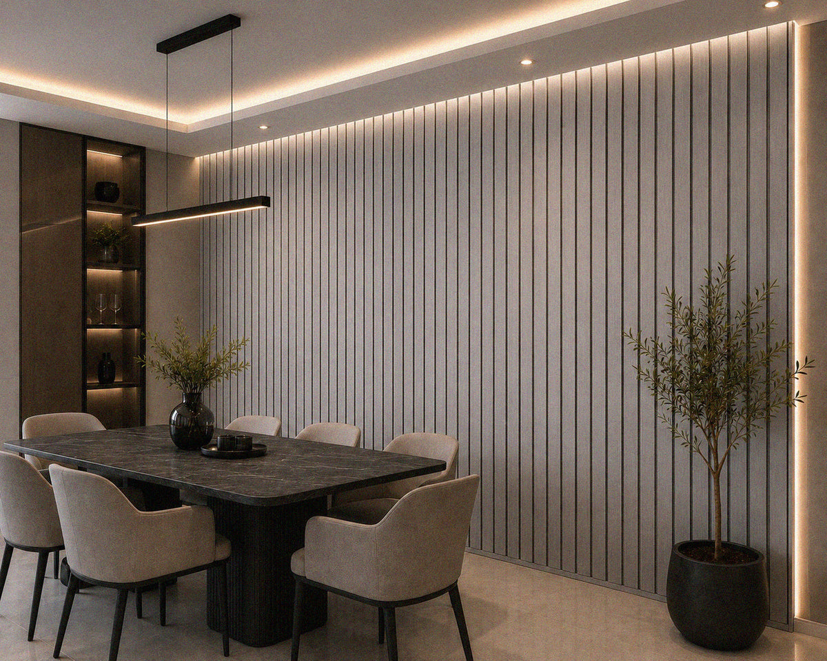 Silver Walnut acoustic slat wall panel — 2400×600mm with 44mm wide slats close-up