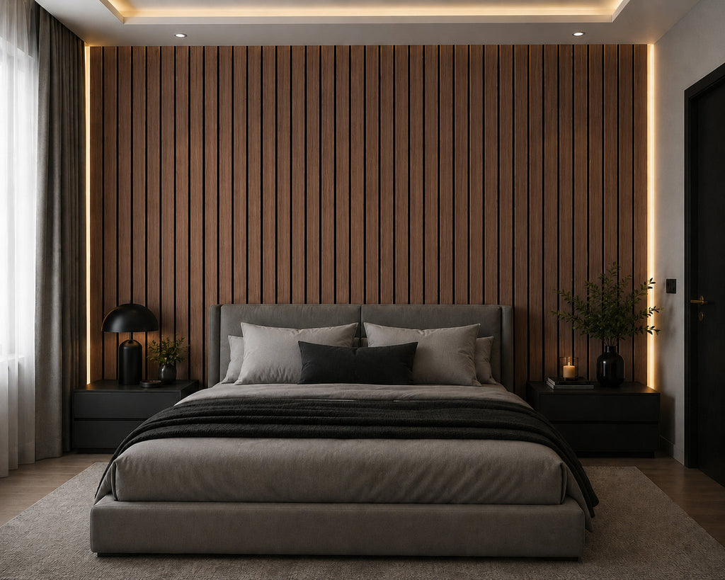 Acoustic Slat Wall Panels — Walnut (2400×600mm, 44mm Wide Slat)