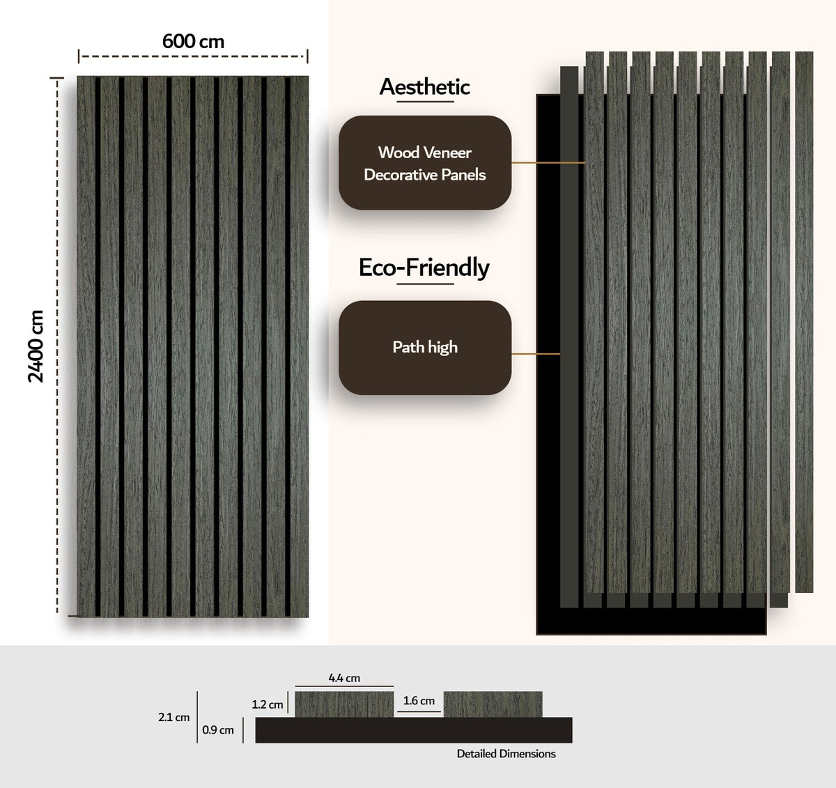 Acoustic Slat Wall Panels — Dark Oak (2400×600mm, 44mm Wide Slat)