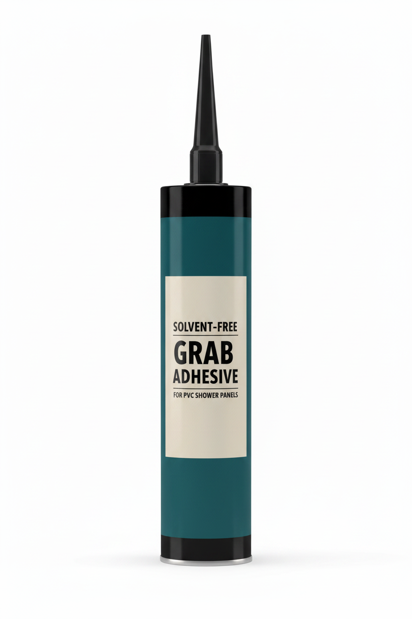Teal solvent-free grab adhesive cartridge with nozzle fitted on top for PVC shower panels