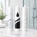 Three shower-panel sealant cartridges representing transparent, black and white colour options