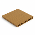 Composite fencing colour sample swatch Dark Teak warm golden-brown 15cm x 15cm square piece showing realistic wood grain texture and WPC hollow profile on cut edge, white background