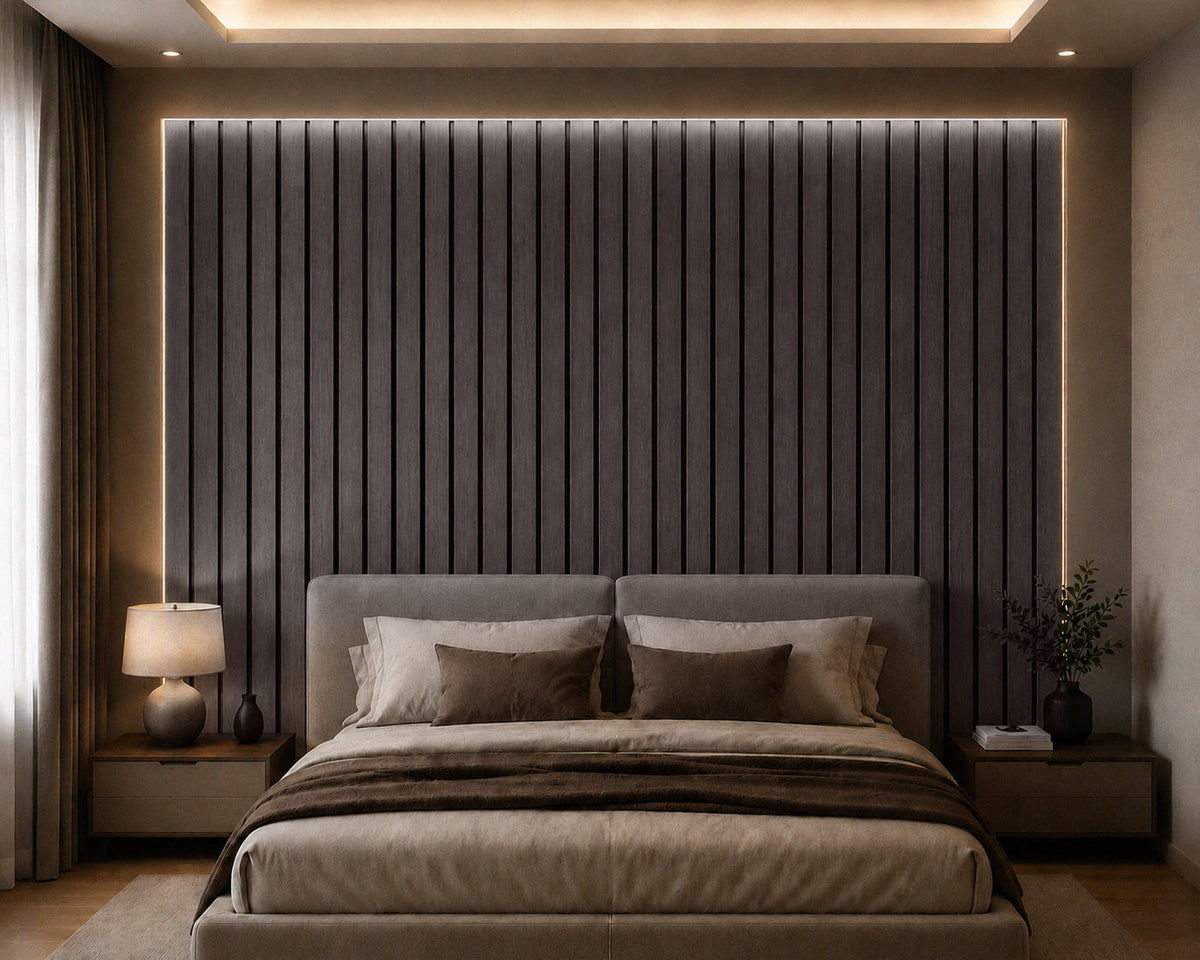 Walnut acoustic slat wall panel — rich warm dark wood grain detail